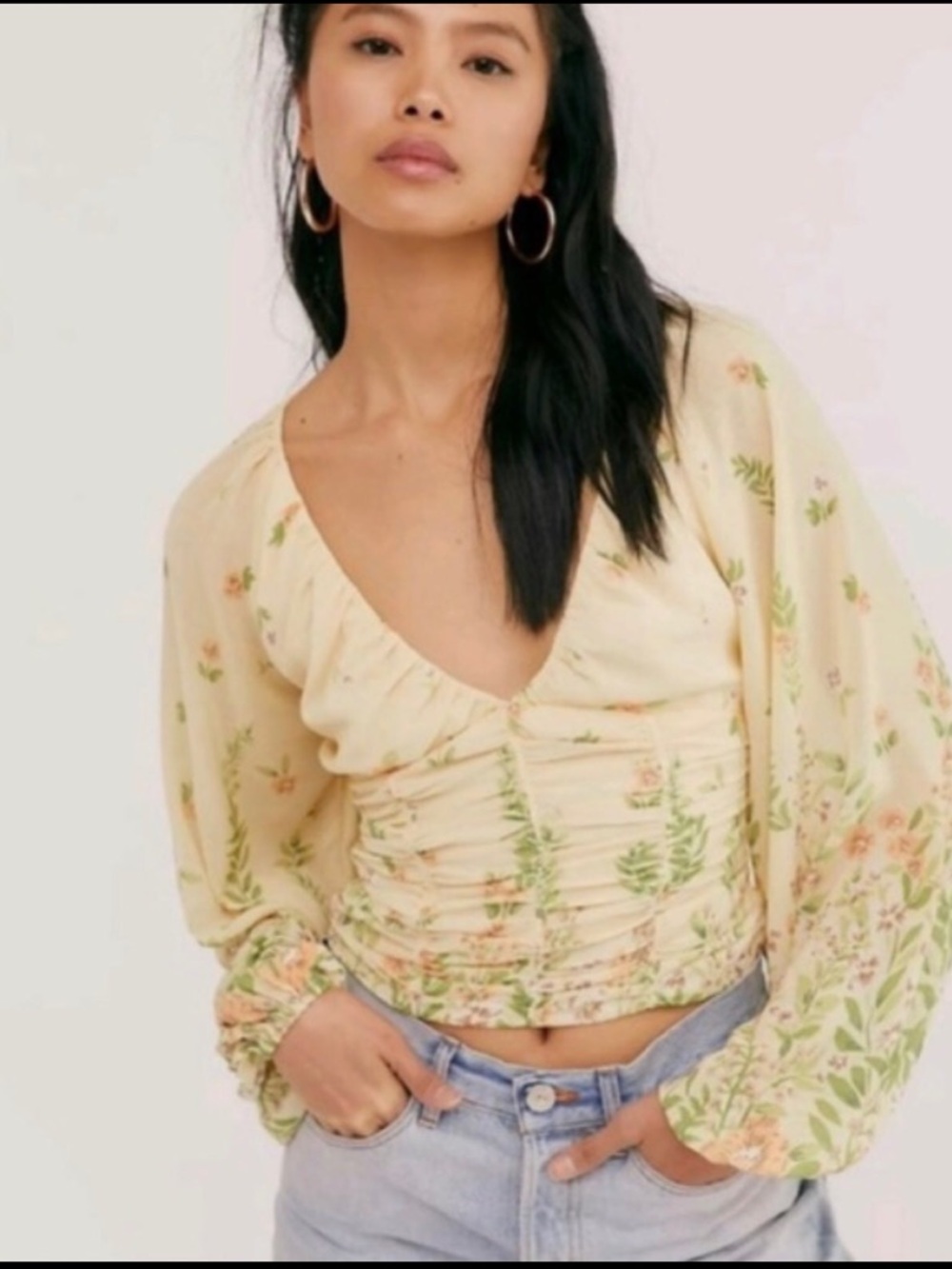 Free People Final Rose Ruched Blouse Yellow Floral Size Medium